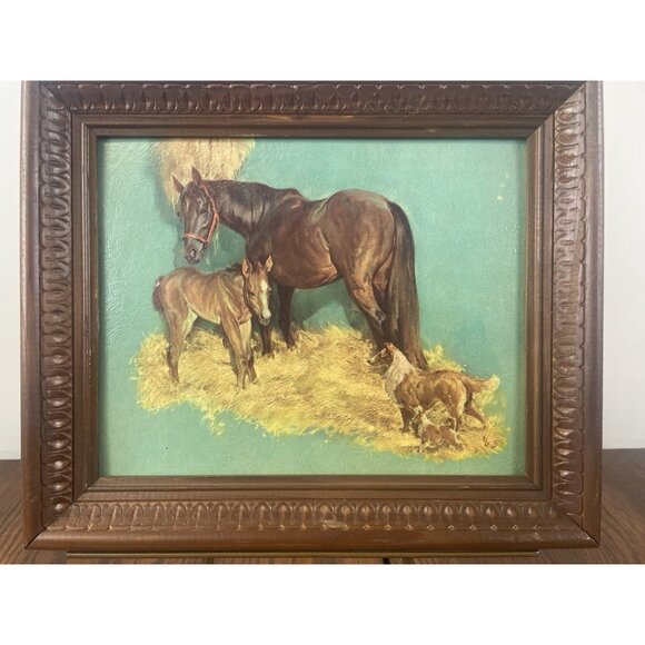 Vtg E Brown Signed Lithograph Horse Foal & Collie Dogs Wood Carved Frame # 361 - Picture 2 of 9